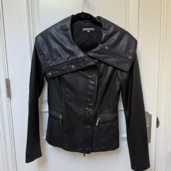 Vince Women’s Black Leather Moto Biker Jacket XS Full Zip Authentic - Picture 6 of 8
